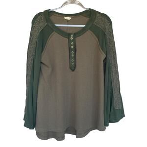 POL Shirt Womens Medium Green Lace Sleeve Thermal Henley Boho Pullover Casual